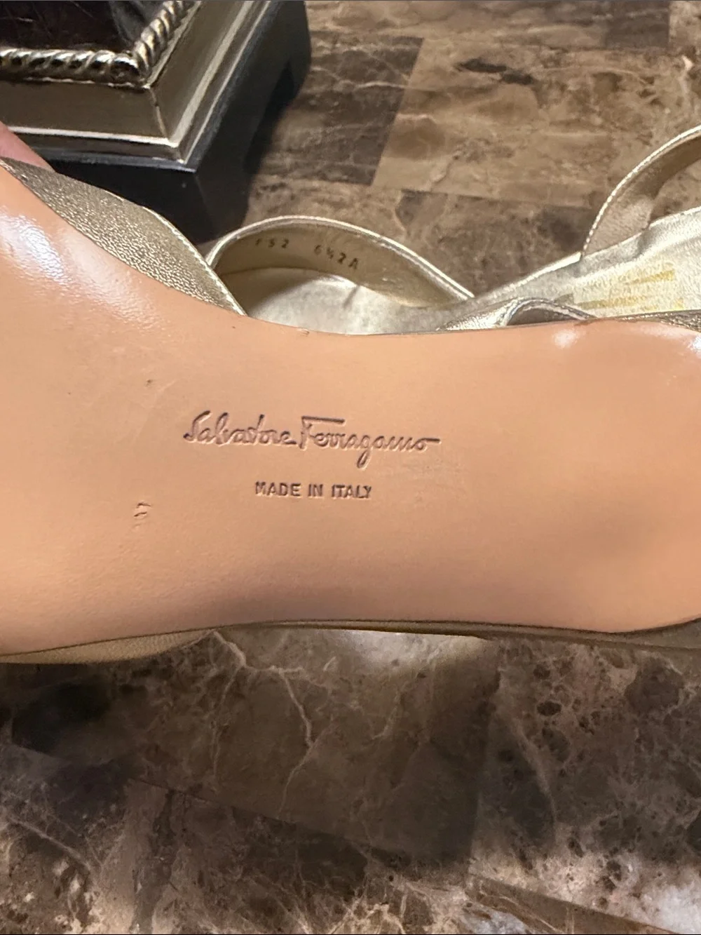 Salvatore Ferragamo Metallic Gold Pointed-Toe Slingback Heels - Picture 7 of 10